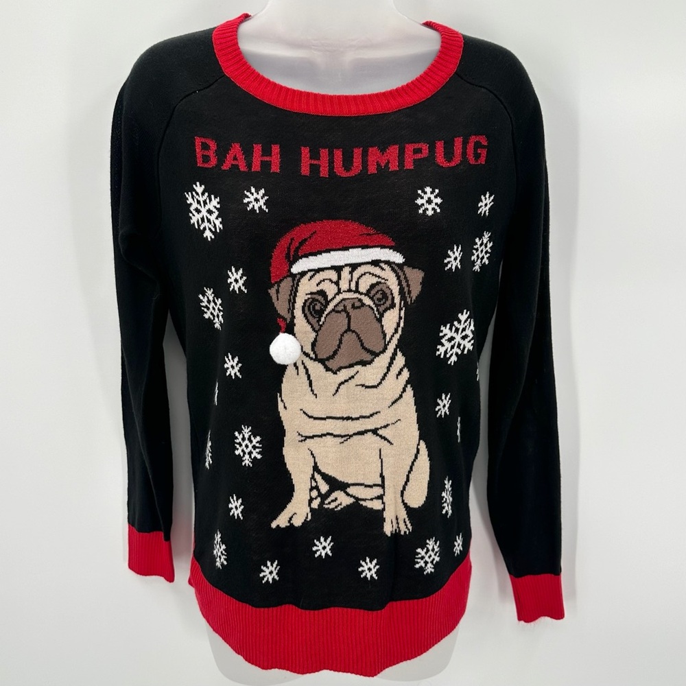Bah Humpug Holiday Ugly Sweater Womens S Pug Funny Novelty Knit Black Red Top